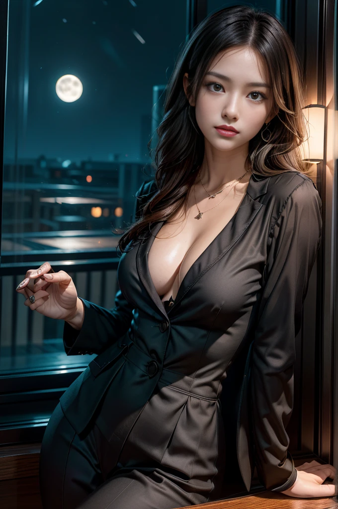 (Photoreal Stick:1.5, masutepiece:1.5, 8K), (top-quality, masterpiece, 超A high resolution), Perfect dynamic composition, Professional camera work:1.4, Highly detailed skin and facial texture:1.3, Mystical portrait:1.3, Grow Light Effect, The ultra-detailliert, 1girl in, ((Night view from inside the building, Please turn off the lights in the room, Dark atmosphere, The moonlight at night shines through the glass)), ((V-neck shirt:0.9 Black tailored suit suit jacket)), Model body type, Clear face, Accurate hand representation, Beautiful and detailed eyes, (Enraptured look:1.0, i love you completely:0.8), A mouthfeel that feels beautiful eros, Dark brown medium hair, the chest is medium, a necklace, Leaning against the window
