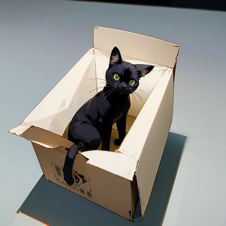 A Black Cat、(white backgrounid:1.5)、Box sitting.