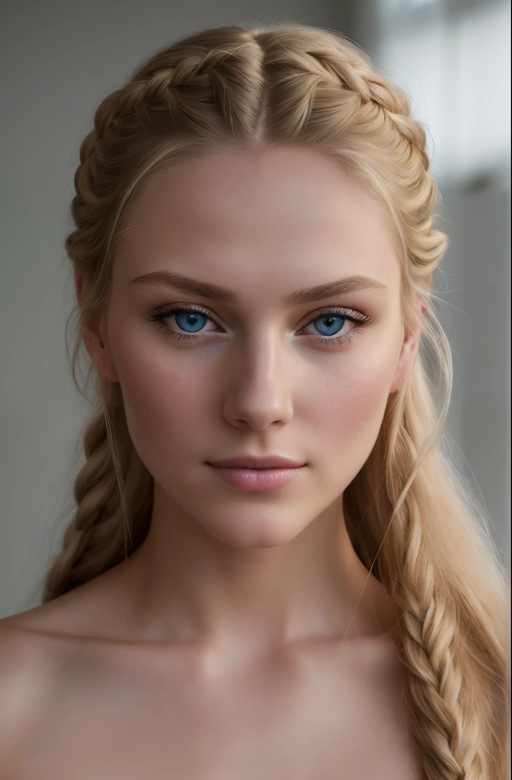 a close up of a woman with long hair and a braid, soft portrait shot 8 k, blonde braids and blue eyes, beautiful young face, extremely beautiful face, portrait of a beautiful model, gorgeous young model, beautiful delicate face, beautiful nordic woman, very beautiful young woman, lovely delicate face, natural soft pale skin, high-quality 4k portrait, beautiful young girl