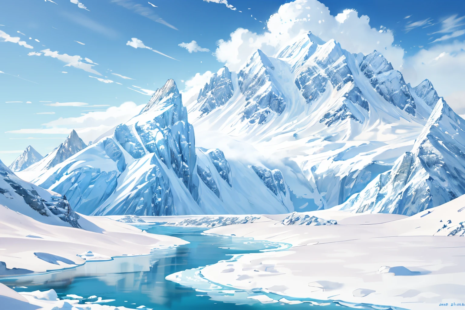 Snowy mountains and waters，There are several cloud mountains in the background, icy mountains in the background, icy tundra background,  Far Mountain, There is a snow mountain and , Anime background art, Detailed scenery – width 672, South Pole, antarctica, anime landscape wallpapers, icy mountains, snowy mountain background, Snowy Land. author：Shinkai sincerely