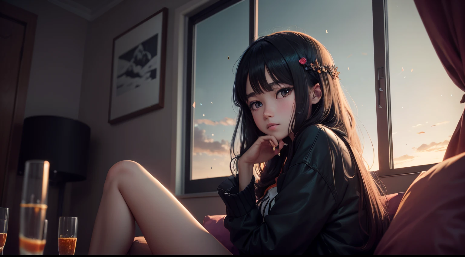 anime girl in a living room with large windows and a sky view, in the style of dark chiaroscuro lighting, confetti-like dots, 32k UHD, elaborate artistic environments, cabin core, high definition, Australian landscape