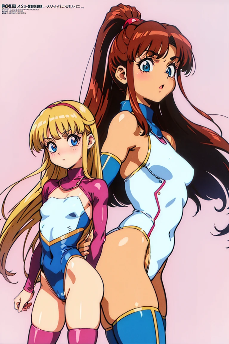 (1990s \(style\),1990s anime cels style, Cartoon style of the 1990s, flat color:1.3), vivid colors, best quality, high resolution, In the style of Nobuteru Yuki, blonde hair, blunt bangs, long hair, white leotard, Inspired by Shirou Masamune, red glasserom behind, ass), retro anime, sharp, Defined lines, Detailed, makeup, Beautiful face, gorgeous eyes, nose blush, :o, white thigh highs, looking down, no boobs, no breasts, flat chest, femboy, 1boy, guy, feminine boy, male, feminine male.