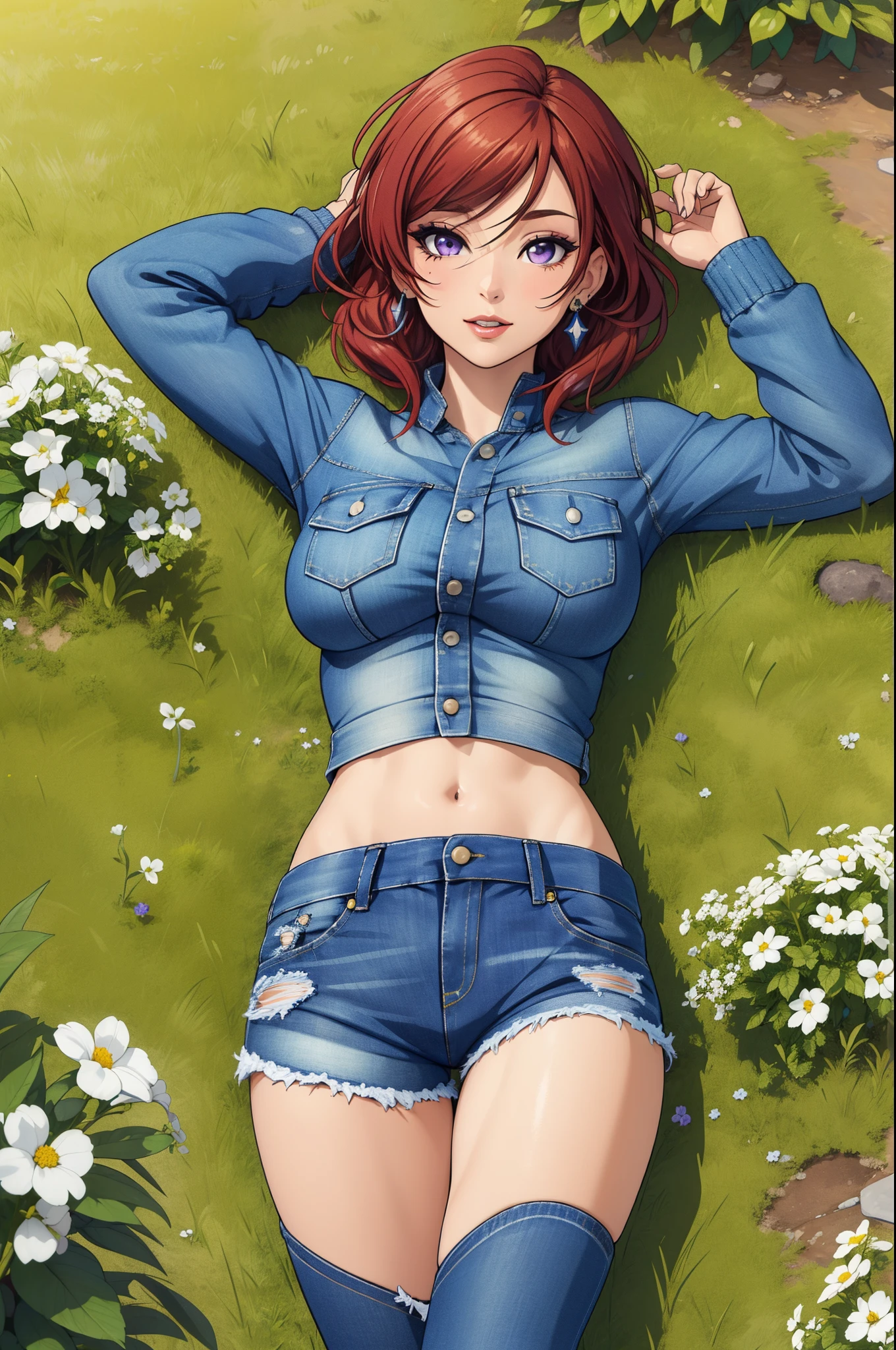 (Masterpiece, Best Quality, High Quality:1.4), professional artwork, well drawn, Intricate Details, field of view, pov, from above 
Nishikino maki, race background, afternoon, 
Red hair, lipstick, makeup, ultra detail hair, ultra detail face, perfect eyes, perfect face, earring, purple eyes, big breasts,Looking at Viewer, flirting, on ground , laying, on back, arms up ,sexy,
Tight short denim shorts, crop jacket, sweater.