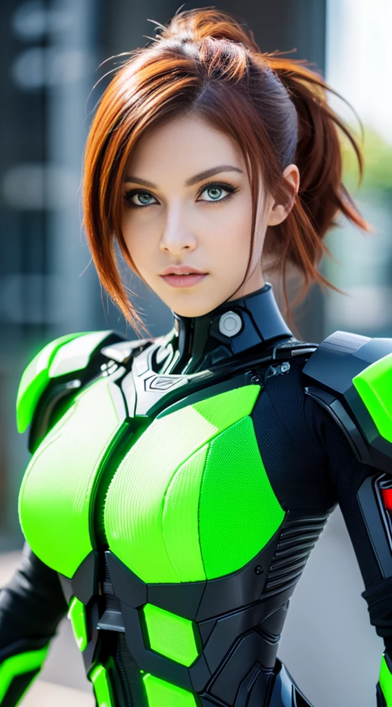 cyberpunked、mechanical suit、redhair、Green eyes、poneyTail,((top-quality、8K、masterpiece:1.3))、Crisp focus:1.2、(layers-Cut),Beautiful woman with perfect body shape:1.4、Highly detailed facial and skin texture、A detailed eye、二重まぶた,