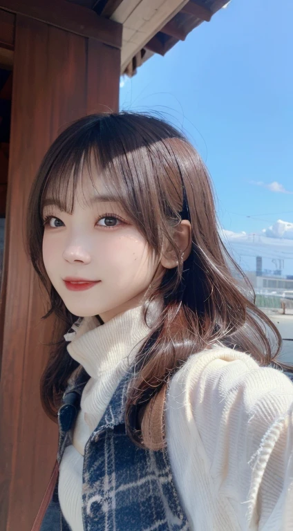 Winter clothes、(top-quality,​masterpiece:1.3,超A high resolution,),(ultra-detailliert,Caustics),(Photorealsitic:1.4,RAW shooting,)Ultra-realistic capture,A highly detailed,high-definition16Kfor human skin、 Skin texture is natural、、The skin looks healthy with an even tone、 Use natural light and color,One Woman,japanes,,kawaii,Beautiful hairstyle、(Hair swaying in the wind:1.2)、Osaka