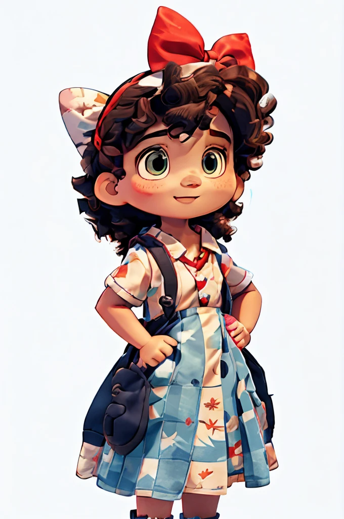 Uma , various poses and expressions on white background, Children's book illustration style, , Cores, cabelos cacheados escuros, Red ribbon on his head, em um vestido azul claro, without glasses, e sem mochila.