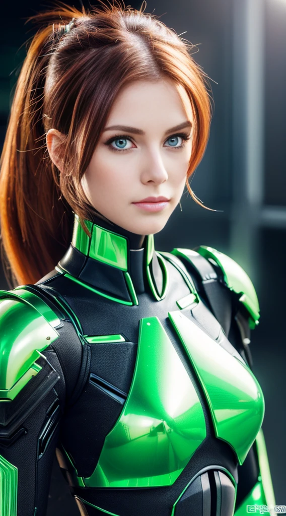 cyberpunked、mechanical suit、redhair、Green eyes、poneyTail,((top-quality、8K、​masterpiece:1.3))、Crisp focus:1.2、(layers-Cut),Beautiful woman with perfect body shape:1.4、Highly detailed facial and skin texture、A detailed eye、二重まぶた,