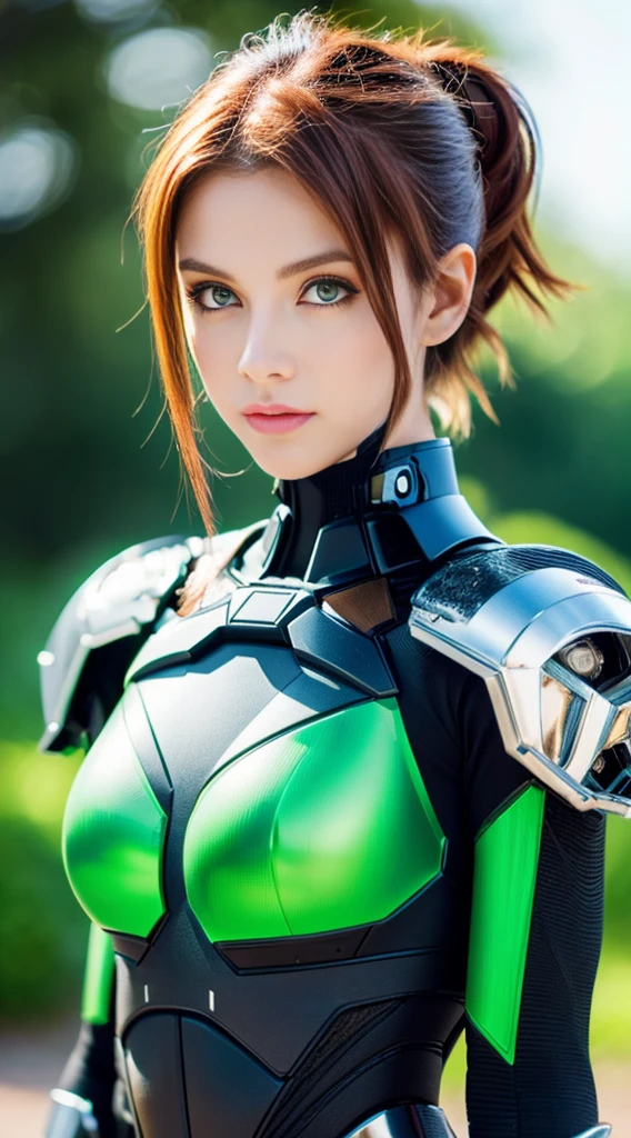 cyberpunked、mechanical suit、redhair、Green eyes、poneyTail,((top-quality、8K、masterpiece:1.3))、Crisp focus:1.2、(layers-Cut),Beautiful woman with perfect body shape:1.4、Highly detailed facial and skin texture、A detailed eye、二重まぶた,