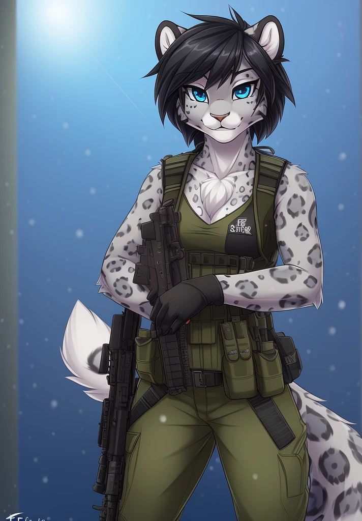 by fluff-kevlar, (best quality, masterpiece:1), solo, anthro, furry, female, ((Snow Leopard)), blue eyes, black hair, short hair, portrait, fingers, finger claws, looking at viewer, snow leopard tail, ((huge tuft of hair on the chest)), ((military gear)), ((fully clothed)), ((small breasts)), (tactical vest), ((Sig-552))