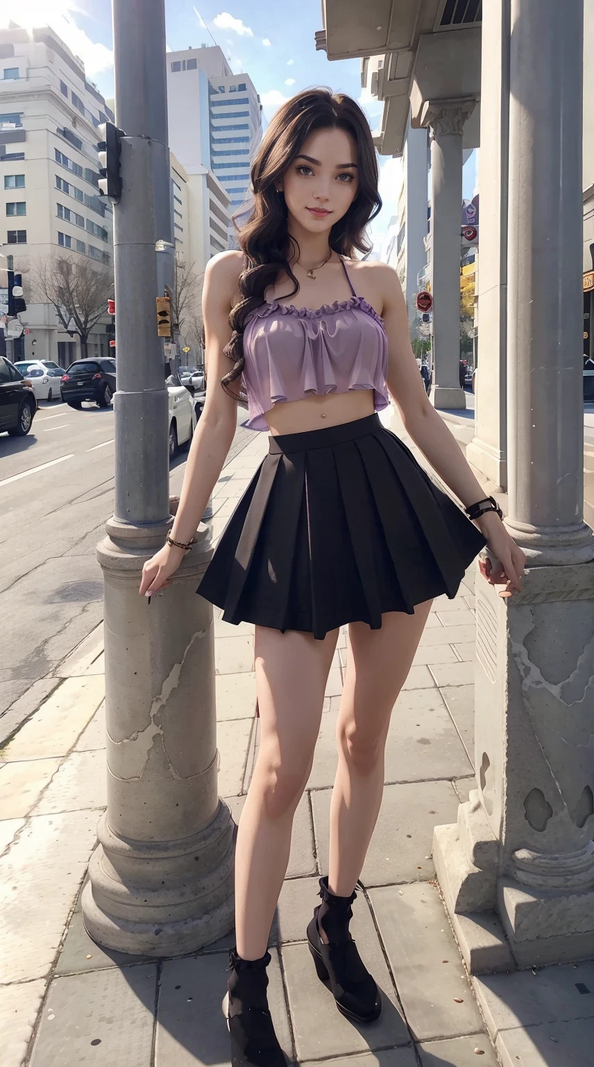 19-year-old woman、Hair color is a gradation of brunette and purple、Eye color is blue、Longhaire、hair is wavy、setting the hairstyle、wearing eye shadow and lipstick、accessories on wrist、Slender but well-proportioned muscular body、a smile、My abs are cracked、The navel is visible、wearing a transparent blouse、I'm wearing a mini-length pleated skirt、I'm wearing thigh-high black socks、I'm near a marble pillar on the sidewalk in a built-up area.、illuminated by sunlight、wearing a frilly arm dress