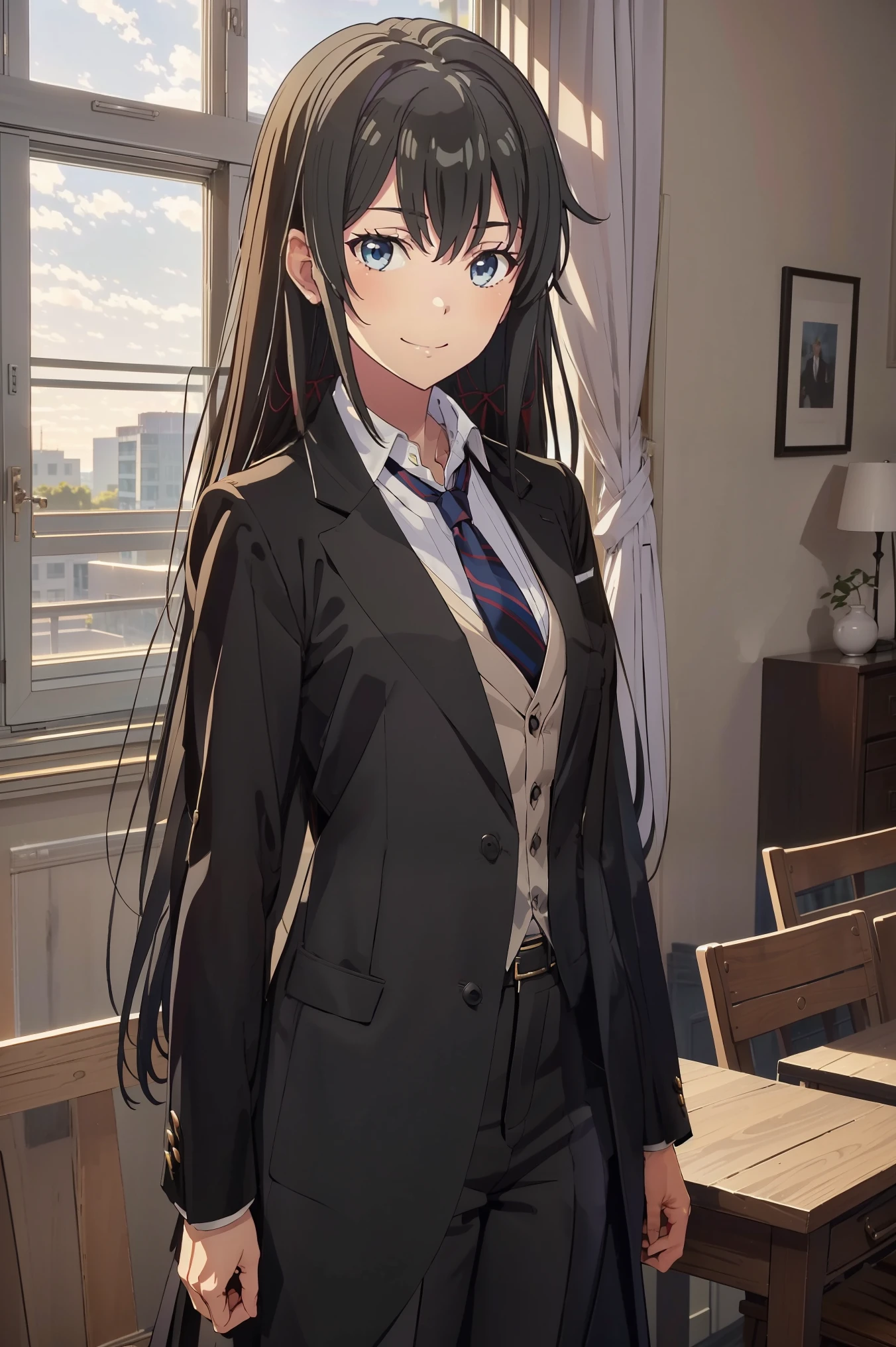 Yukinoshita Yukino ,A woman wearing a formal, attractive coat stands in a large gap in the room , 1girl, 独奏, blue necktie, Black hair, eyes blue, long  hair, smile , collared shirt, white pants, white shirt , Elegantly designed coat , Stand in front of the window ,Elegantly designed tailcoat has a stunning Victorian look and is made of lustrous fabric