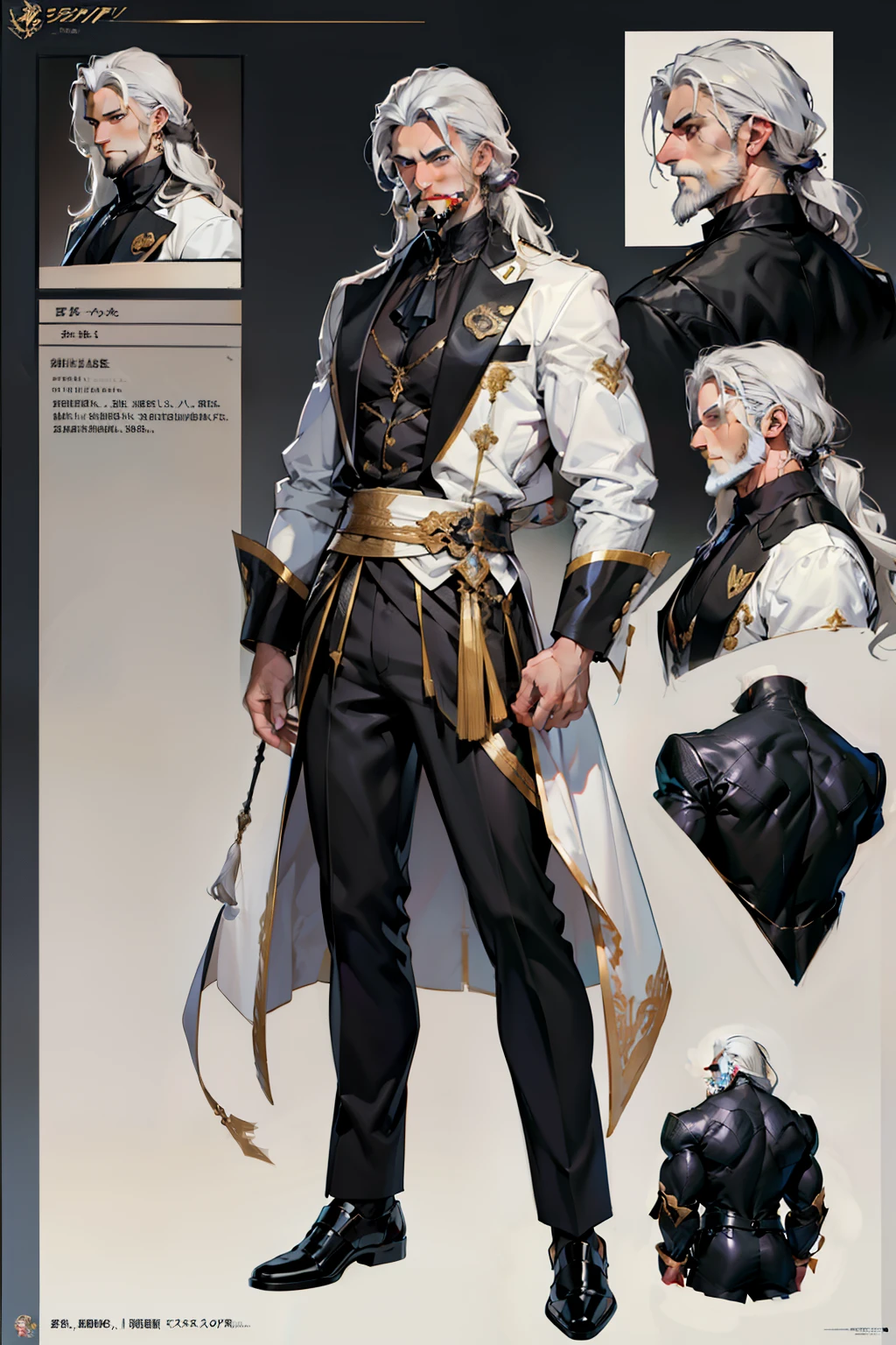 dark skin man, male, black eyes, white hair, long hair, anime style, 4k image, full body, holographic background, Character sheet, Handsome male. Perfect face, 6 ft 5 tall middle aged man. White hair. Long hair. Grey eyes. Beard. Earrings. Toned body. Muscular male, character design sheet，full bodyesbian, Full of details, body front view, body back view,  Full body, muscle body, Formal clothes. ((Masterpiece, Highest quality)), Detailed face, character design sheet full bodyesbian, Full of details, frontal body view, back body view, Highly detailed, Depth