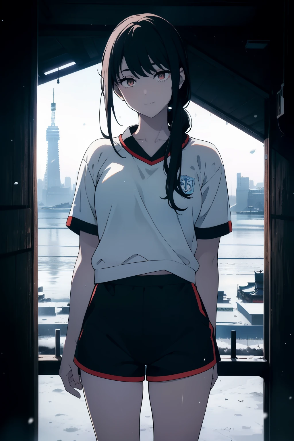 ((Obra maestra, La mejor calidad, ultrahigh resolution)), (((a girl in a Japanese gym uniform, blue Japanese ladies gym shorts, standing confidently, weilding a tennsis racket))), (((black hair, dark black hair))), long hair cut, pale skin, ((brown eyes)), glowing_eyes, neon eyes, (ultra detailed eyes:0.7, beautiful and detailed face, detailed eyes:0.9), ((centered)), ((cute smile, pretty)), facing viewer, eye level, ((vibrant background, snowy landscape, cityscape, snowing)), flat chested, looking at viewer, ((half closed eyes)), ((perfect hands)), (((head:1, arms, hips, elbows, in view))), ((hands behind back)), empty eyes, beautiful lighting, outside, outdoors, background, defined subject, 18 years old, (head tilt)