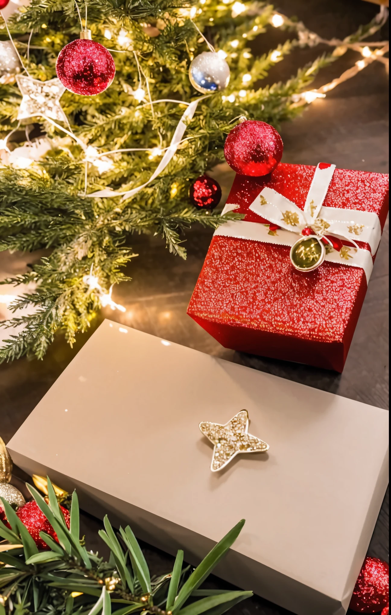 (best quality,4k,8k,highres,masterpiece:1.2),ultra-detailed,realistic,gifts,table,Christmas tree,decorations,wrapping ,bows,ribbon,presents,holiday spirit,vibrant colors,warm lighting,cozy atmosphere,toys,cards,candles,snowflakes,joyful,celebration,exquisite details,exciting surprises,shiny ornaments,sparkling tinsel,beautifully wrapped,excited children,anticipation,festive mood,magical ambiance,delightful moment,wonderful memories,family gathering,cheerful faces,Christmas magic,extravagant,abundance of presents,HDR,UHD,studio lighting,ultra-fine painting,sharp focus,physically-based rendering,professional,vivid colors,bokeh.