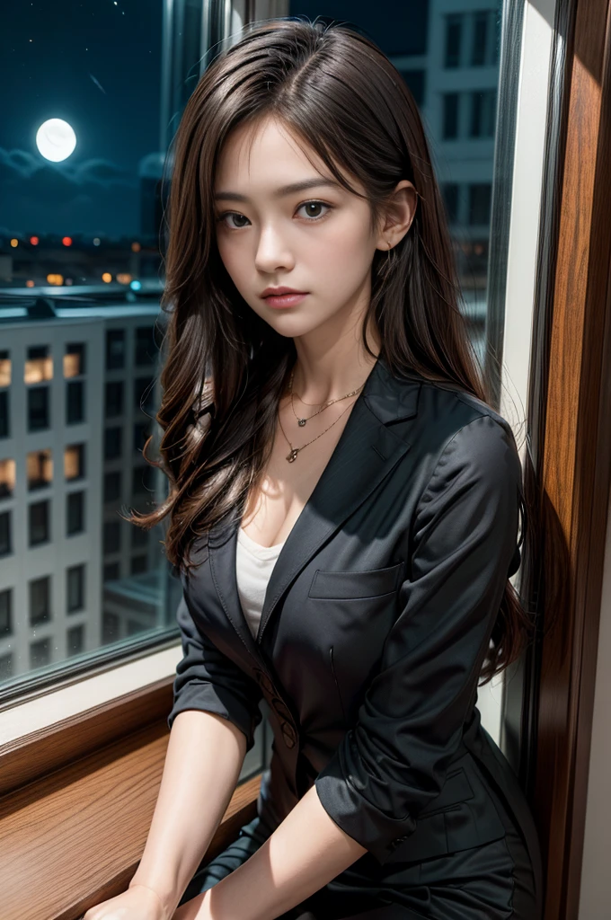 (Photoreal Stick:1.5, masutepiece:1.5, 8K), (top-quality, masterpiece, 超A high resolution), Perfect dynamic composition, Professional camera work:1.4, Highly detailed skin and facial texture:1.3, Mystical portrait:1.3, Grow Light Effect, The ultra-detailliert, 1girl in, ((Night view from inside the building, Please turn off the lights in the room, Dark atmosphere, The moonlight at night shines through the glass)), ((V-neck shirt:1.0 black tailored suit suit jacket)), Model body type, Clear face, Beautiful and detailed eyes, (Enraptured look:1.4, i love you completely:0.9), A mouthfeel that feels beautiful eros, Dark brown medium hair, the chest is medium, a necklace, ((Leaning against the window))