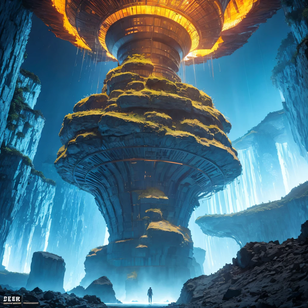 Alien Hexagonal Base (very detailed nipples) In a hexagonal mountain oasis,There are several hexagonal exhaust fans and chimneys, some neon lights projecting from the base,Light up the dark night), There are some clouds in the night sky, Some surrounding planets provide air to unknown planets,The most remote giant hexagonal volcano erupts,the rainforest