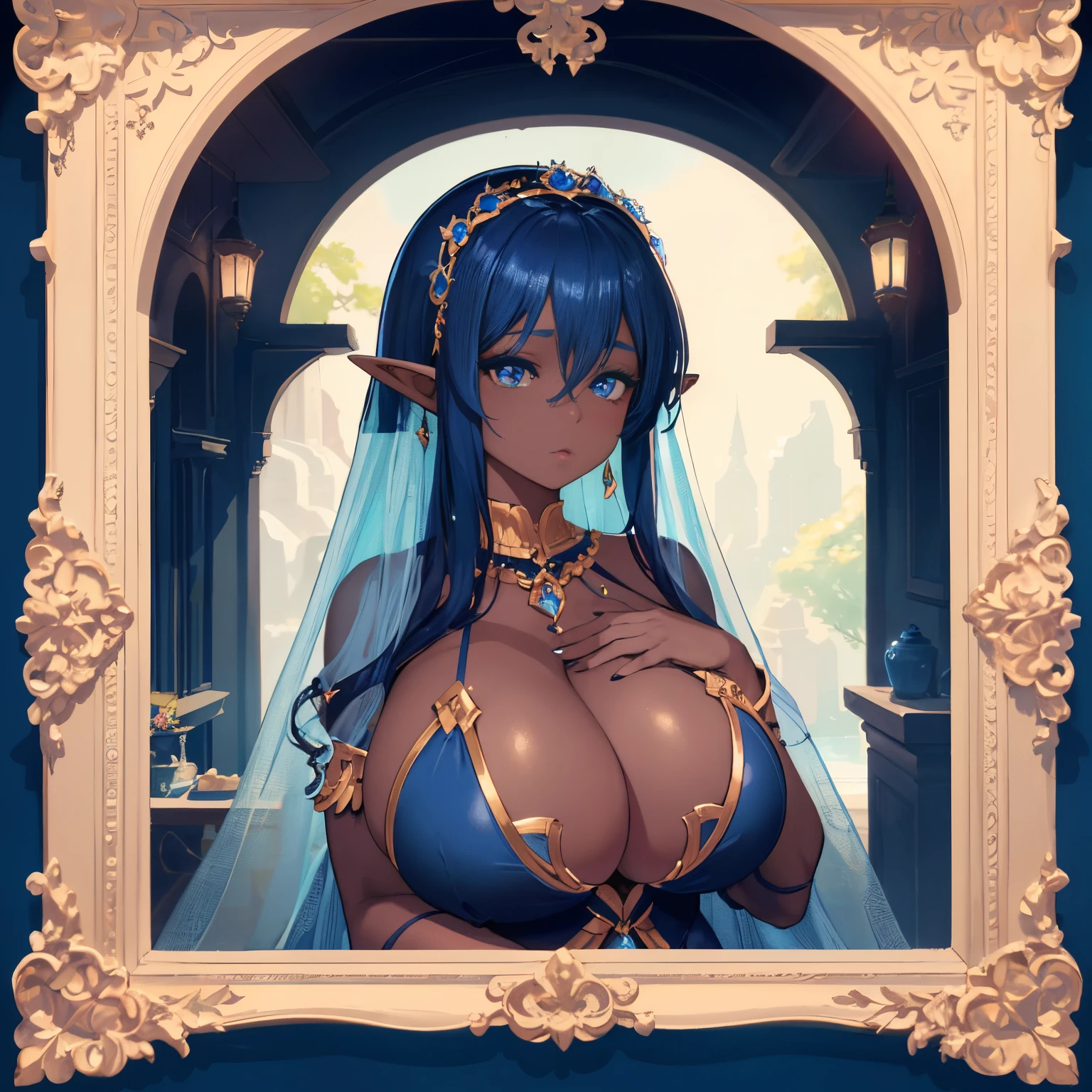 1 girl Big dark-skinned elf, blue hair, hot figure, big beauty, delicate and beautiful face, full body portrait, big eyes, beautiful face, big, transparent tulle, sexy and alluring, plump body, hands on chest, perfect body proportions