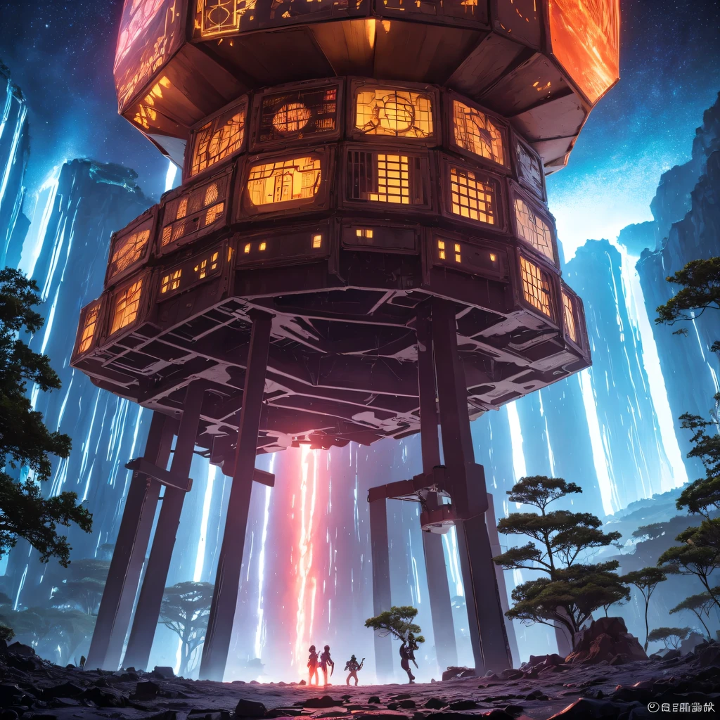 Alien Hexagonal Base (very detailed nipples) In a hexagonal mountain oasis，There are several hexagonal exhaust fans and chimneys, some neon lights projecting from the base，Light up the dark night), There are some clouds in the night sky, Some surrounding planets provide air to unknown planets，The most remote giant hexagonal volcano erupts，the rainforest