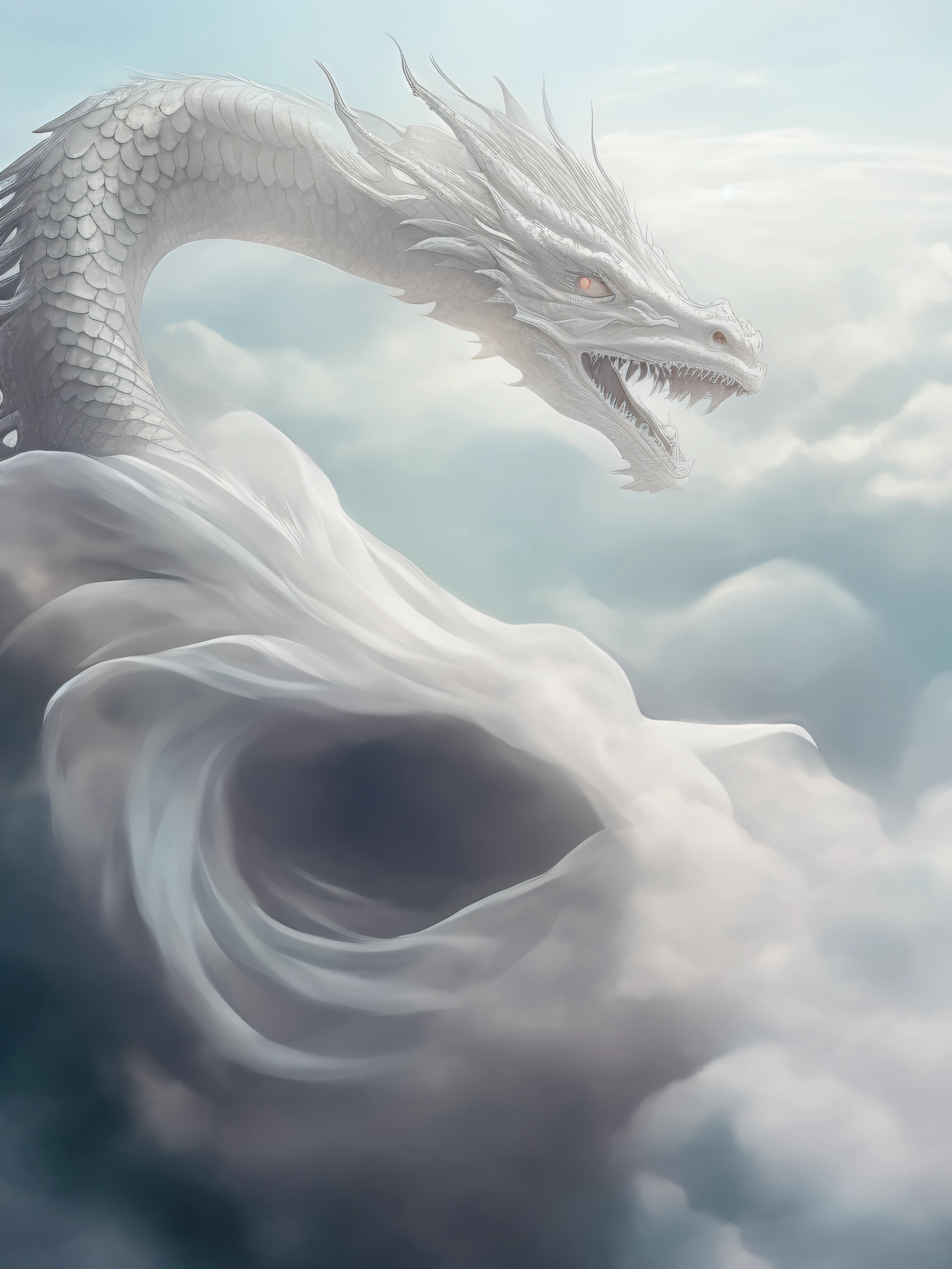There is a white dragon flying in the sky, a dragon made of clouds, Dragon-shaped clouds, Dragons fly in the sky, Dragons fly in the sky, The dragon is in the sky, ryujin, Godrays digital painting, Dragons fly in the sky, great mystical winged serpent, Dragon Art, Soft and delicate dragon nature