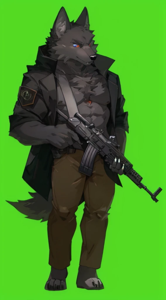 Black fur anthro wolf, short ears (black ears), (detailed (holding assault rifle (black assault riffle) with two hands(black paws))), (wearing (black jacket (muscular black fur chest uncovered)), (dark pants), no shoes). Hd quality, good quality, 4k, hd resolution.