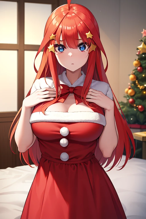 High quality, masterpiece, ultra-detailed, white thighband pantyhouse, white lingerie, white panties, 1girl, solo, peaceful expression, long red hair, enchanting eyes, heterochromia, blue and green eyes, fox ears, ridiculously large breasts, grabbing own breast, shiny skin, bedroom, christmas