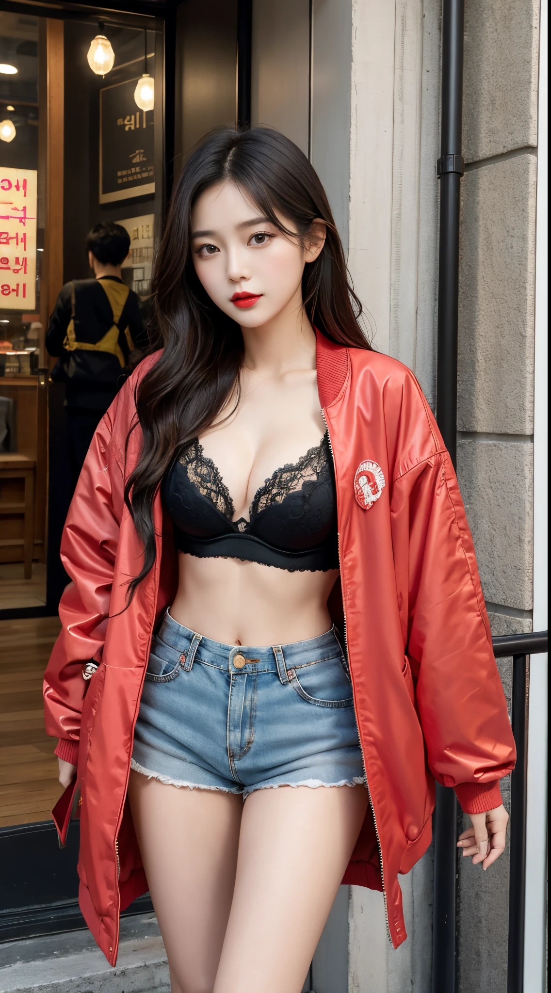 Young Girls, beautiful girls, Korean makeup, Red lips, long hair, medium chest, medium body, thigh, áo bra che bụng, áo khoác ngoài, open jacket, Tight shorts, streetscape,