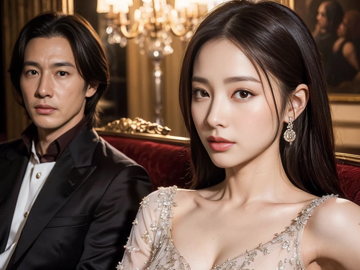 dark brown hair、Light brown eyes、The face of the Japan actress、 Lady、looks like him'i'i'i'i'i'i'i'i'i'i'I'm about 40 years old、(intricate-detail:1.2)、(top-quality:1.4)、 (超A high resolution:1.2)、超A high resolution、(A detailed eye)、(detailed facial features)、nffsw、8K resolution、D-cup size breasts、length hair、i'i'i'i'i'i'i'i'Luxurious Restaurants、princess dress、Dressed like a prince on the sofa、