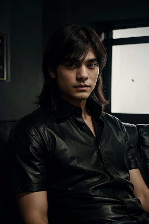 Taehyung, Club owner, black shirt, black hair, leather sofa, rich, dim light