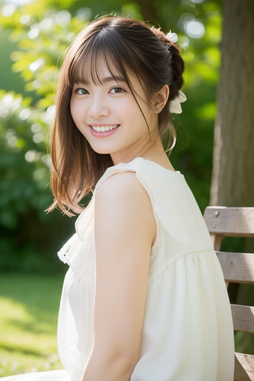 (((masterpiece))), 超A high resolution, photographrealistic, ultra-detailliert, 8K,top-quality, Extremely detailed, Detailed background, Quiet lakeside bench in the forest, Sit with your legs together, very beautiful japanese girl, Detailed face, I have bangs, Smile, (Full body:1.3), (I keep my hair up and short :1.2), (a baby face,Cute,Adorable, 14years), (Perfect body:1.1), large white blouse, Wallpaper, amazing, finely detail, 超A high resolution, Extremely detailed, Pure erotic face, extremely detailed eye and face, Beautiful detailed eyes, highly detailedskin, No makeup, (Natural Skin),Show me your beautiful teeth,Bursting smile, hair scrunchie, ((accurate hands without incongruity,Precise feet without discomfort))