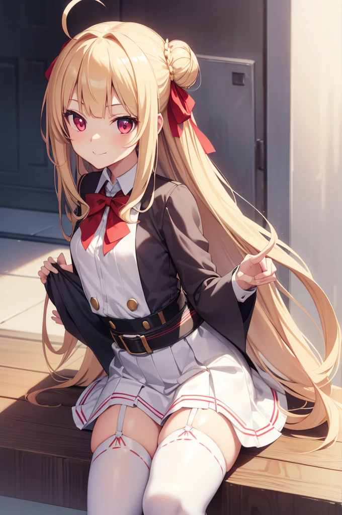 long hair, skirt, blonde hair, red eyes, thighhighs, long sleeves, bow, very long hair, ahoge,  belt, bowtie, hair bun, white thighhighs, garter straps, blue bow, hair intakes, white skirt, blue bowtie, cone hair bun, looking at viewer, smile, closed mouth, outdoors, sitting on graseautiful detailed eyes:1.6), extremely detailed face, perfect lighting, extremely detailed CG, (perfect hands, perfect anatomy), white thighhighs,