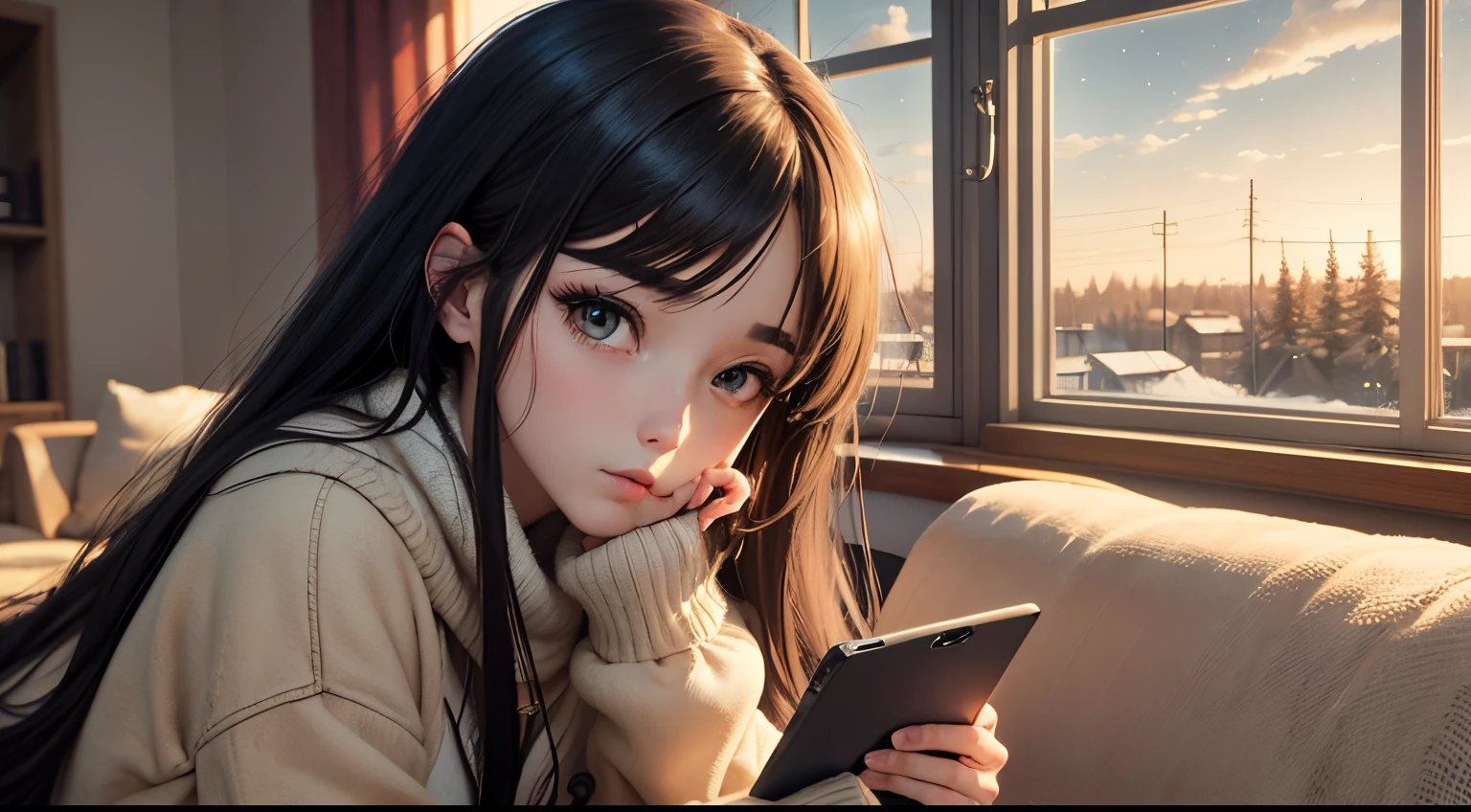 Anime girl in a living room with large windows and a winter sky view, in the style of dark