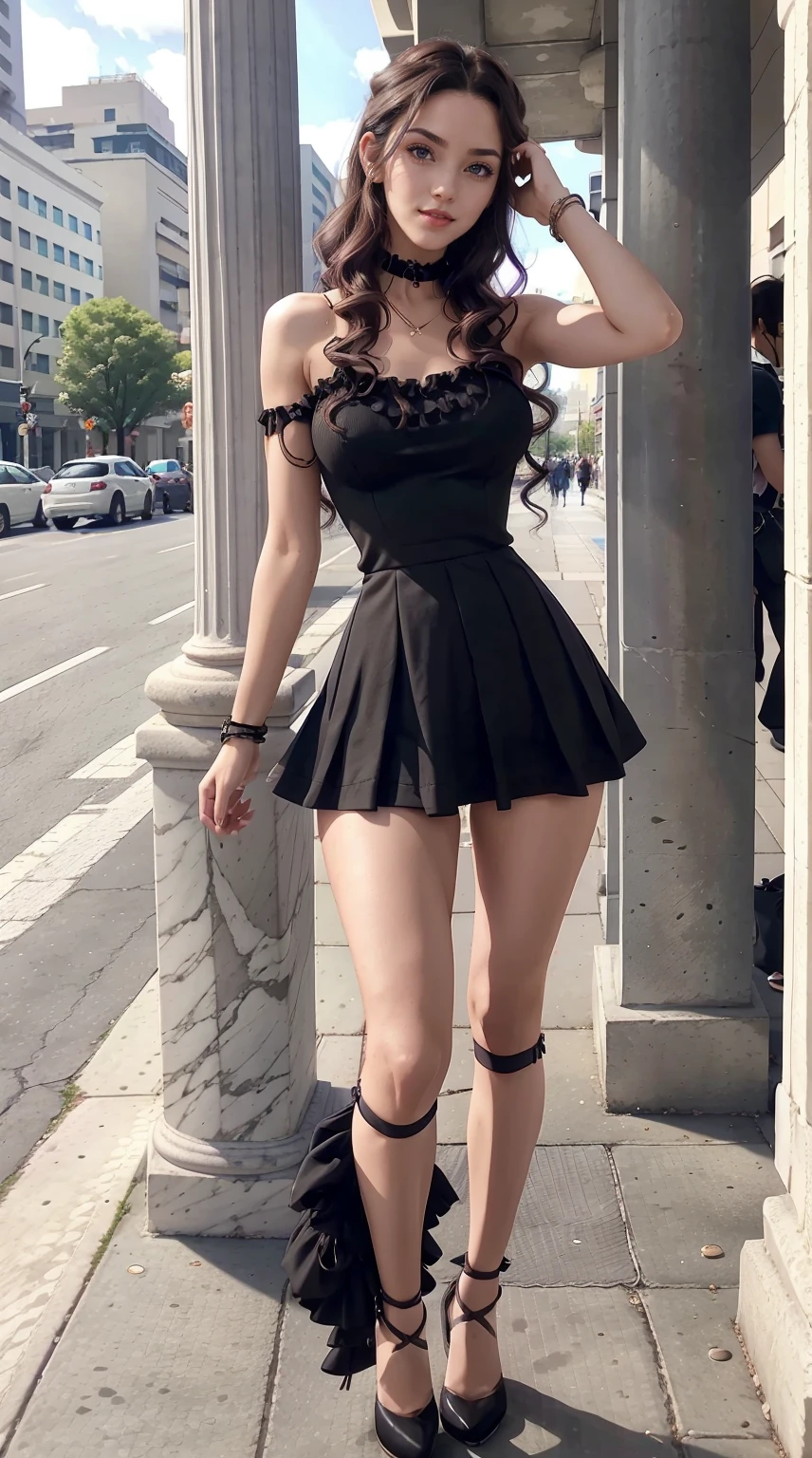 19-year-old woman、Hair color is a gradation of brunette and purple、Eye color is blue、Longhaire、hair is wavy、setting the hairstyle、wearing eye shadow and lipstick、accessories on wrist、Slender but well-proportioned muscular body、a smile、My abs are cracked、The navel is visible、wearing a transparent blouse、I'm wearing a mini-length pleated skirt、I'm wearing thigh-high black socks、I'm near a marble pillar on the sidewalk in a built-up area.、illuminated by sunlight、wearing a frilly arm dress、She wears an extravagant choker around her neck