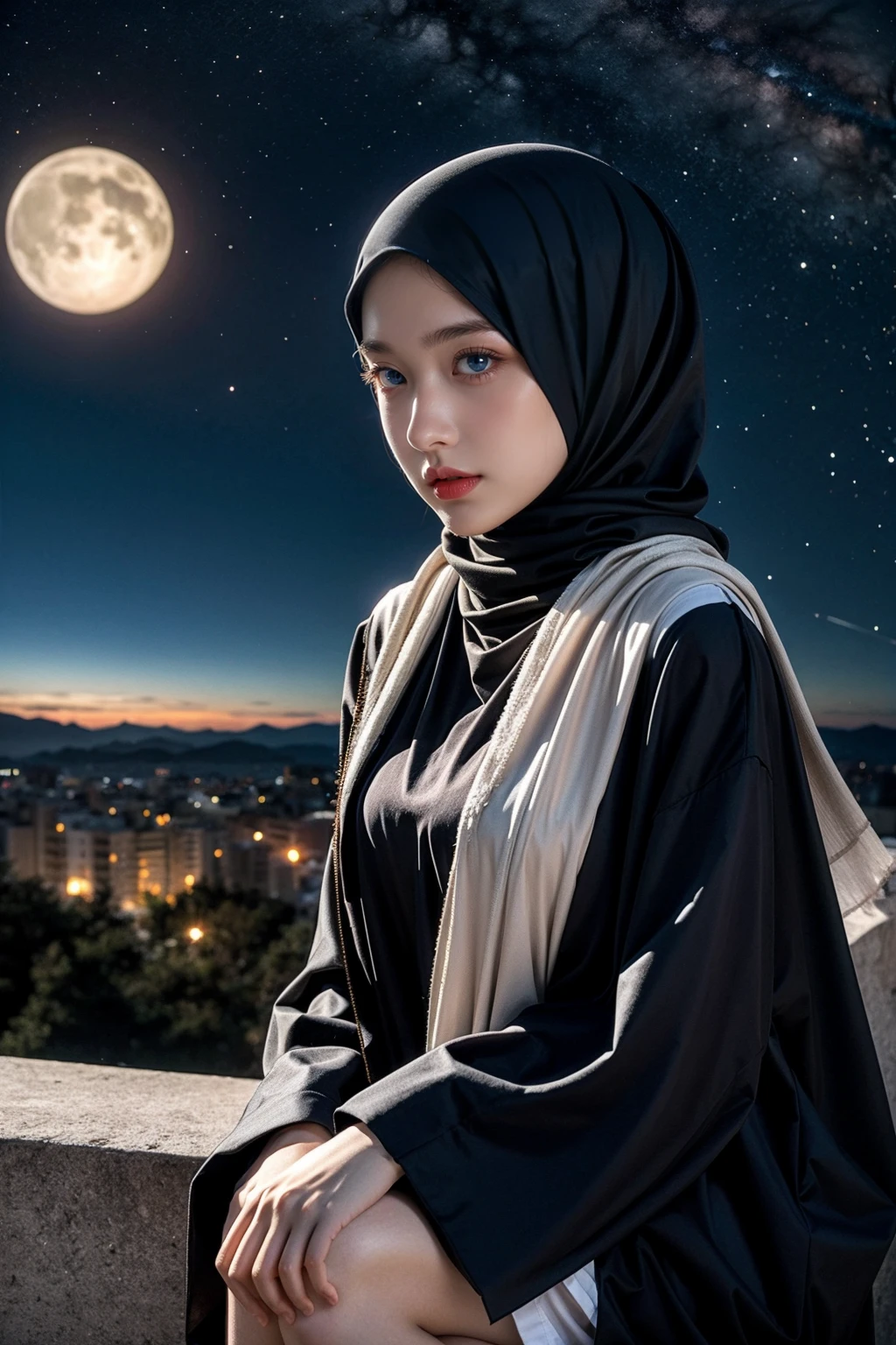 (Half-body:1.1), (loli:1.5), long tshirt Outfit, (RAW photo, Materpiece, Best Quality), (hijab:1.4), (headscarf:1.2), Flower Mountain, Landscape view, Galaxy Blackhole style, on the skies wave, The unknown existence of the seventh heaven, Clothes that are covered and polite, long-sleeved Hijab clothes, look polite and elegant, ((Best Quality Hijab Hair, Hair close with Hijab))