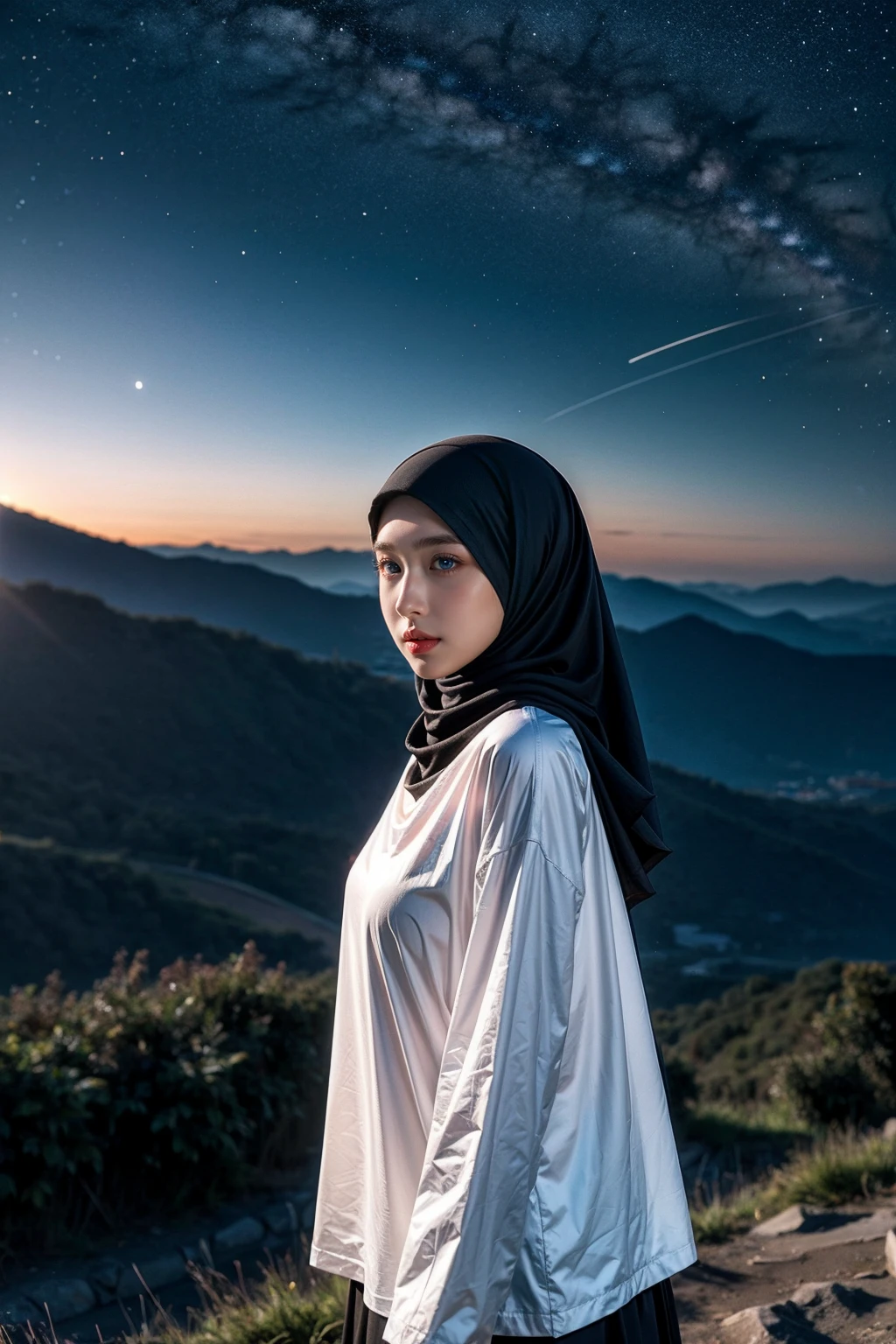 (Half-body:1.1), (li:1.5), long tshirt Outfit, (RAW photo, Materpiece, Best Quality), (hijab:1.4), (headscarf:1.2), Flower Mountain, Landscape view, Galaxy Blackhole style, on the skies wave, The unknown existence of the seventh heaven, Clothes that are covered and polite, long-sleeved Hijab clothes, look polite and elegant, ((Best Quality Hijab Hair, Hair close with Hijab))