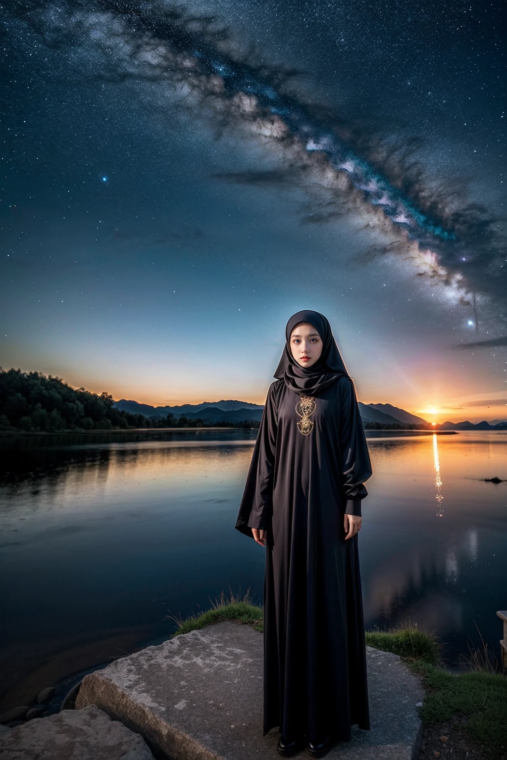 (Half-body:1.1), (loli:1.5), long tshirt Outfit, (RAW photo, Materpiece, Best Quality), (hijab:1.4), (headscarf:1.2), Flower Mountain, Landscape view, Galaxy Blackhole style, on the skies wave, The unknown existence of the seventh heaven, Clothes that are covered and polite, long-sleeved Hijab clothes, look polite and elegant, ((Best Quality Hijab Hair, Hair close with Hijab))