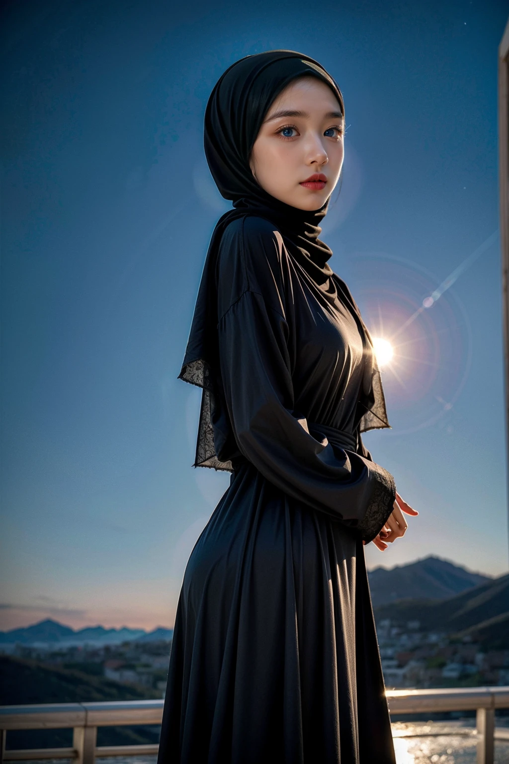 (Half-body:1.1), (loli:1.5), long tshirt Outfit, (RAW photo, Materpiece, Best Quality), (hijab:1.4), (headscarf:1.2), Flower Mountain, Landscape view, Galaxy Blackhole style, on the skies wave, The unknown existence of the seventh heaven, Clothes that are covered and polite, long-sleeved Hijab clothes, look polite and elegant, ((Best Quality Hijab Hair, Hair close with Hijab))