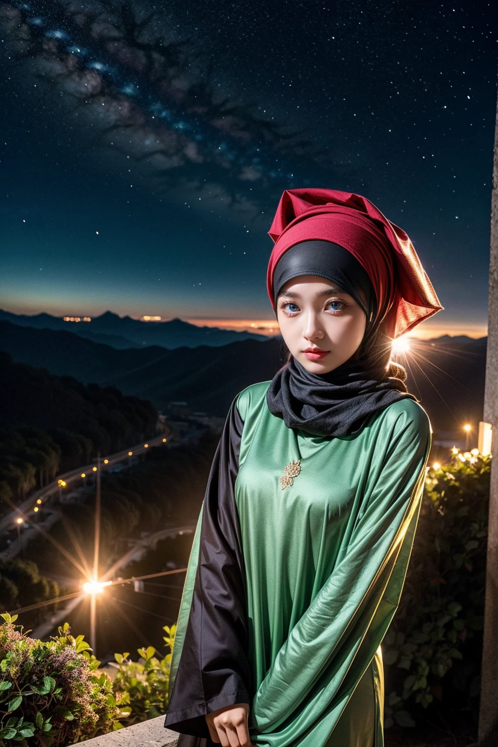 a beautiful muslimah woman is sitting on the grass while gazing at the stars in the sky, putting both of her hands on her laps, night time, dark, nebula, starry sky, magical, serene, calming colors, ultra-detailed face, accurate limbs, aurora light in the sky, heads tilted up