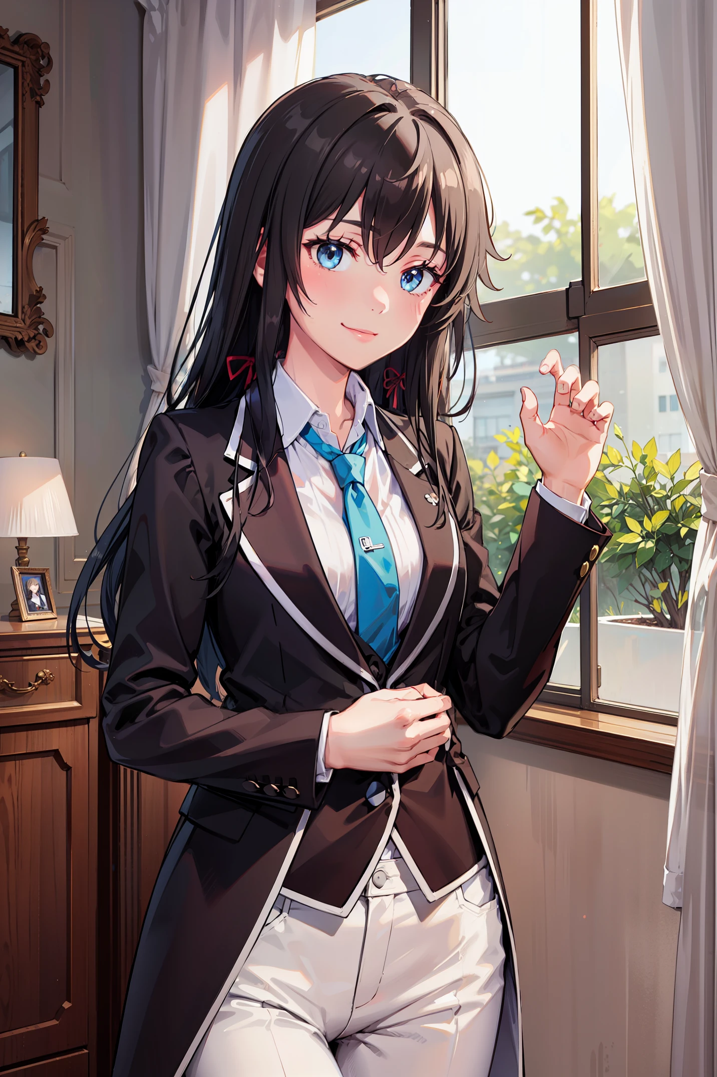 Yukinoshita yukino ,woman in formal attractive tailcoat standing in a large alcove in the room , 1girl, solo, blue necktie, black hair, blue eyes, long hair, smile , collared shirt, white pants, white shirt , tailored tailcoat elegant , standing in front of a window ,tailcoat tailored to elegant crafted from the lustrous fabric