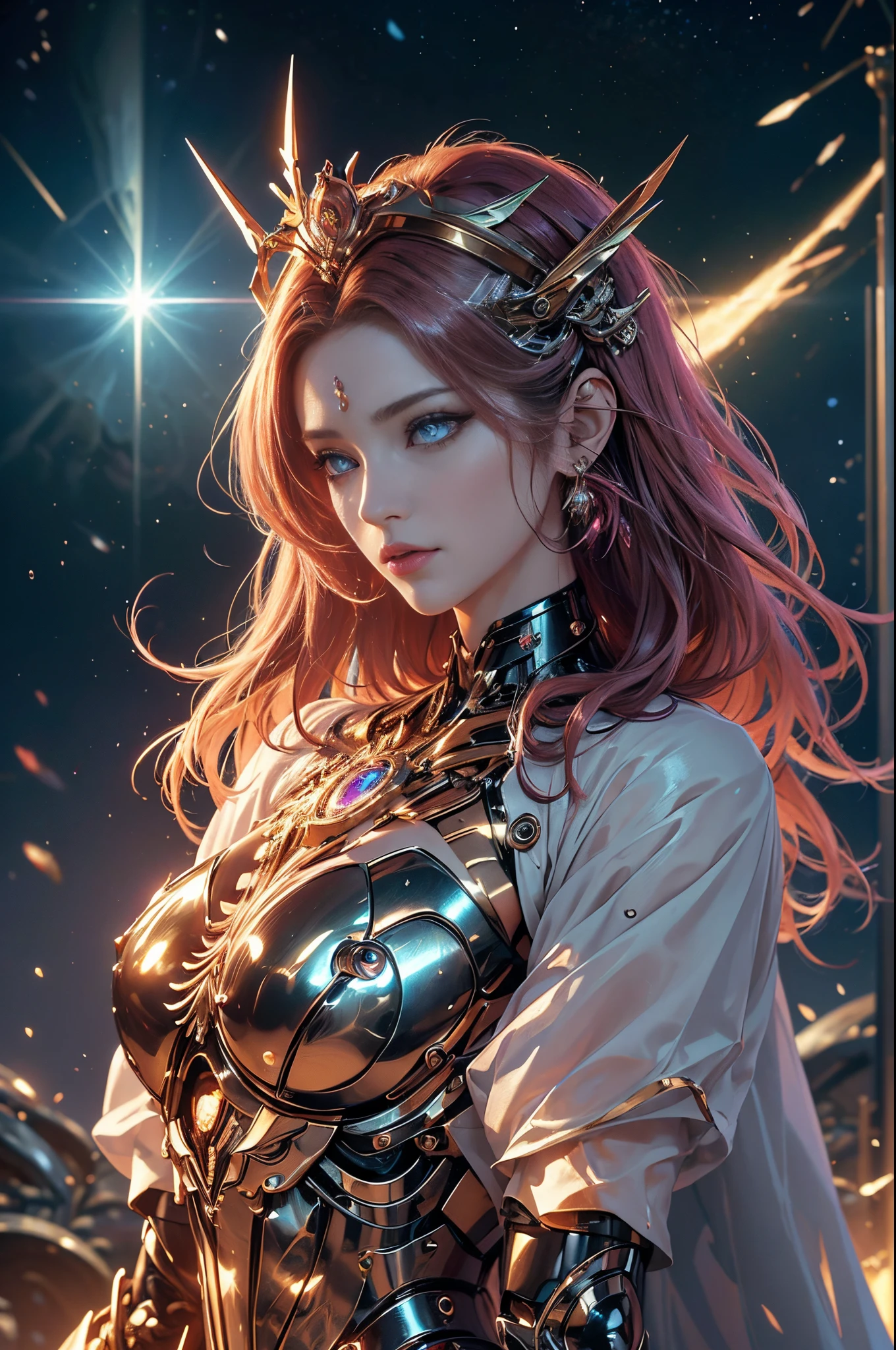 The background is magenta, intricate ornate anime cgi style, super detailed fantasy characters, 4K highly detailed digital art, karol bak uhd, cyborg goddess in cosmos, beautiful digital works of art, 2. 5 d cgi anime fantasy artwork, Goddess. extremely high detail, portrait of cyborg queen, extremely detailed goddess shot, Half body machine, Inorganic, Next generation high performance cyborg, Goddess of Machines, The perfect cyborg, A masterpiece created by ultra-high performance AI, ultimate weapon, Best Quality, Perfect Angle, perfect-composition, sharp outline, Best Shots, perfect shapes, perfect model style, Very beautiful and detailed eyes, Hollow eyes, blue eyes without pupils