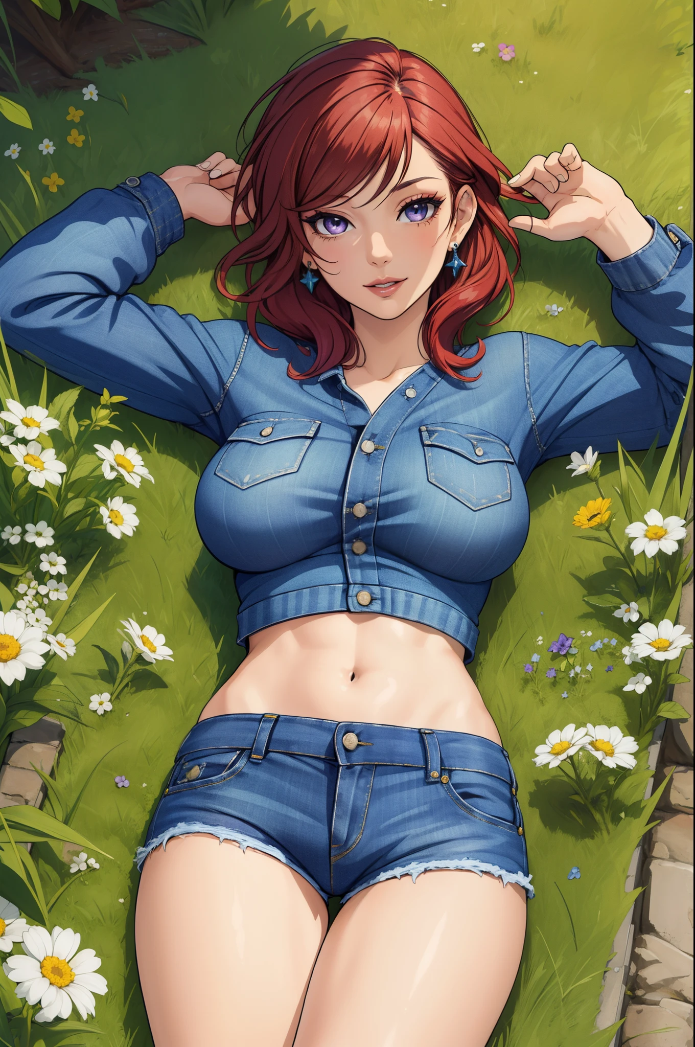 (Masterpiece, Best Quality, High Quality:1.4), professional artwork, well drawn, Intricate Details, field of view, pov, from above 
Nishikino maki, race background, afternoon, 
Red hair, lipstick, makeup, ultra detail hair, ultra detail face, perfect eyes, perfect face, earring, purple eyes, big breasts,Looking at Viewer, flirting, on ground , laying, on back, arms up ,sexy, nipple ,
Tight short denim shorts, crop jacket, sweater.