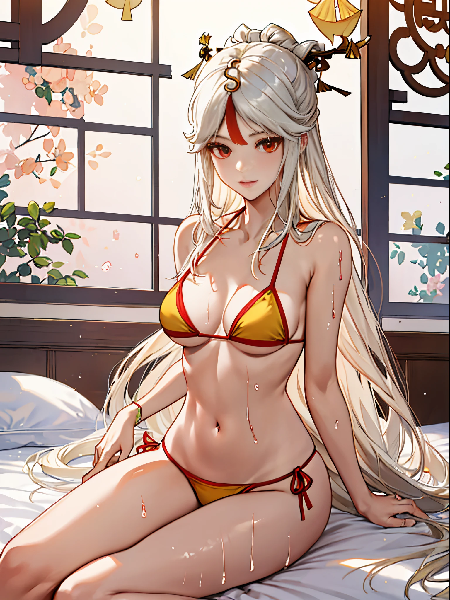 UHD,textured skin, high details, anatomically correct,SOLO,(1 Female,red eyes,white long hair with a golden hairpin),(Wearing A see-though cheongsam)(White Swimunit style:1.4),(Wearing black Stockings and black long gloves:1.7),(Spreading legs:1.7),(Lying on the bed in The chinese classic room),(hands behind her head:1.7)，(Shy:1.7)(full blush:1.4)
