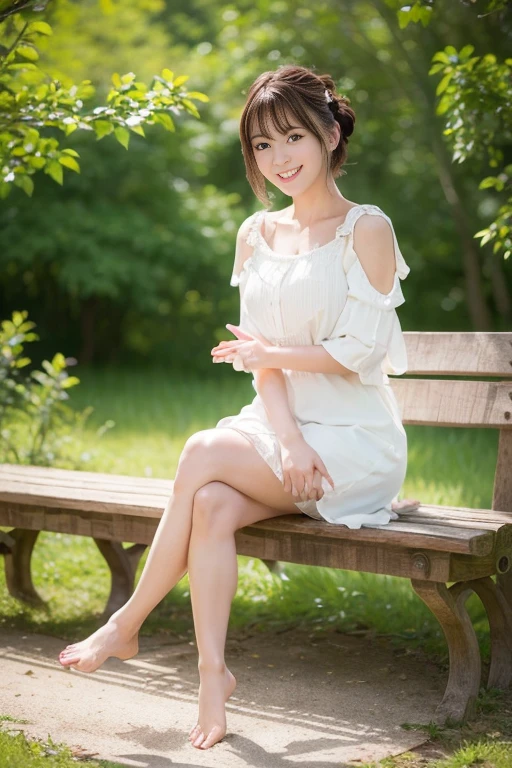 (((​masterpiece))), 超A high resolution, photographrealistic, ultra-detailliert, 8K,top-quality, Extremely detailed, Detailed background, Quiet lakeside bench in the forest, Sit with your legs together, very beautiful japanese girl, Detailed face, I have bangs, Smile, (Full body:1.3), (I keep my hair up and short :1.2), (a baby face，Cute，Adorable, 14years), (Perfect body:1.1), large white blouse, Wallpaper, amazing, finely detail, 超A high resolution, Extremely detailed, Pure erotic face, extremely detailed eye and face, Beautiful detailed eyes, highly detailedskin, No makeup, (Natural Skin)，Show me your beautiful teeth，Bursting smile, hair scrunchie, ((accurate hands without incongruity，Precise feet without discomfort)))