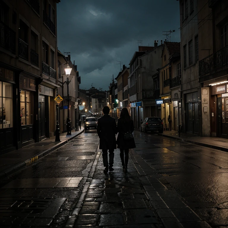 A city divided into two, avec el coté gauche pluvieux and sombre y el coté droit ensoleillé