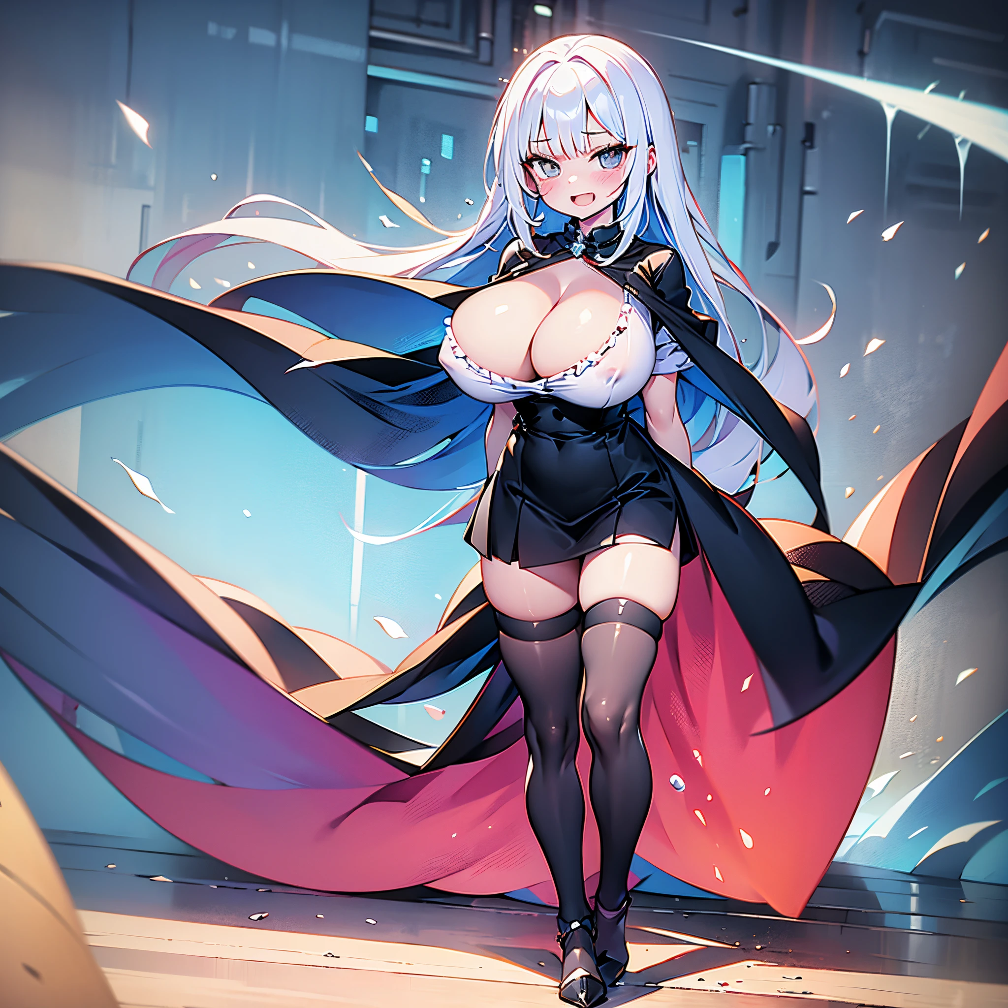 solo 1 (thin :1.4) standing in white magic circles, (standing with the heels together:1.4), loli, (bendback:1.4), (disproportionately gigantic perky breasts:1.4), (show off full cleavage:1.3), (frilled white shirts with open chest wide), shirts with cleavage cutout, BREAK, large eyepressionless:1.2), BREAK, (thin long legs:1.5), (straight legs:1.5), too thin waist, (arms behind back:1.2), BREAK, (absurdly long white straight hair:1.4), blunt bangs, BREAK, (long black thighhighs:1.5), BREAK, (short black capelet:1.2), (very short black high-waist skirt:1.3) cinches waist too tight, (blowing wind upward:1.3), (thigh gap:1.2), (squirting out excessive juice:1.3), BREAK, looking at viewer, open mouth, full body, floating magic circles, light circles, landscape, broad field