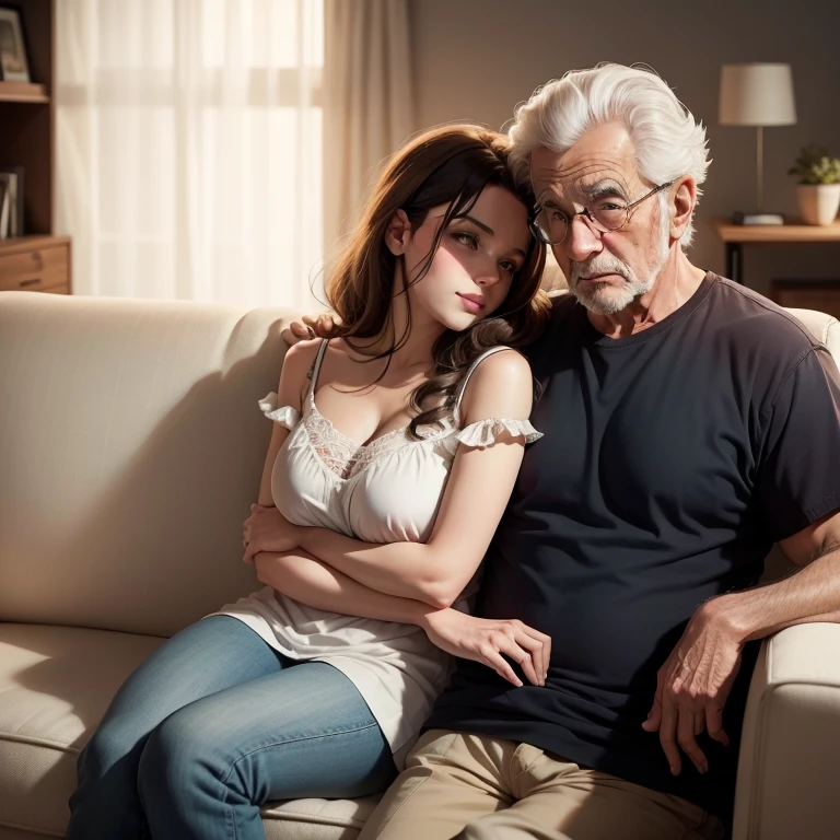 Husband and wife cuddled on the couch talking, mulher jovem e homem velho idoso