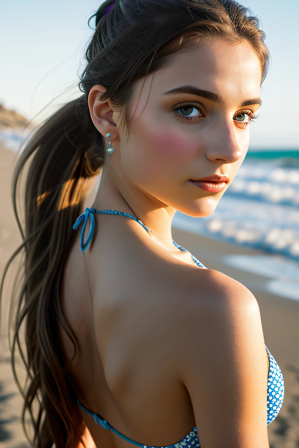 Obra maestra, La mejor calidad, Hiperrealista, cinematric photo, 16 years girl, Pale skin, Amazing Russian Hourglass Body, bikini, Ponytail brown hair, Grande, (Fondo de playa), Estilo moderno, (8k, epic composition, fotorrealista, foco nítido), Fondo sofisticado, DSLR, grano de aluminio, Luz de fondo, horizontal