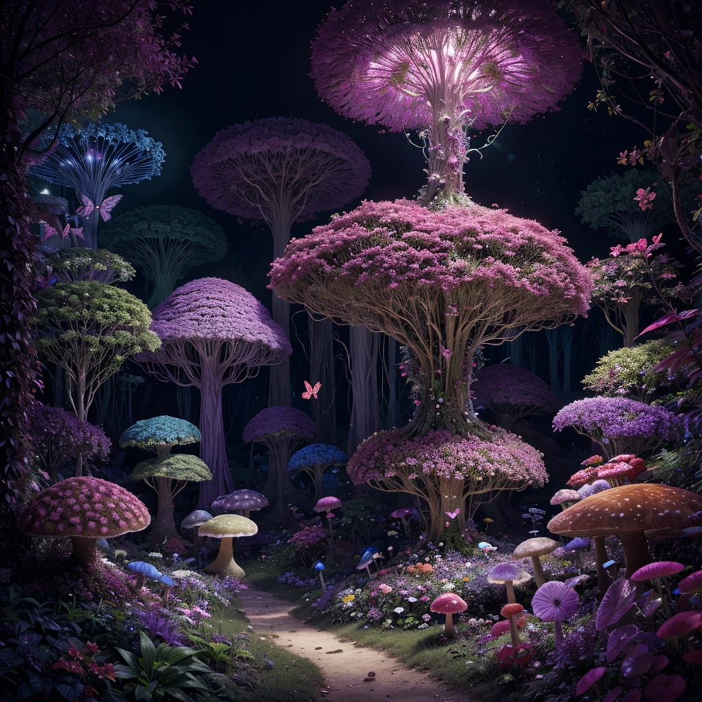 highres, vivid colors, fantasy landscapes, magical plants, insects, butterflies, flowers, glowing mushrooms, glowing vines, enchanted forest, whimsical scenery, ethereal lighting, dreamlike atmosphere, surreal flora and fauna, vibrant hues, delicate details, otherworldly beings