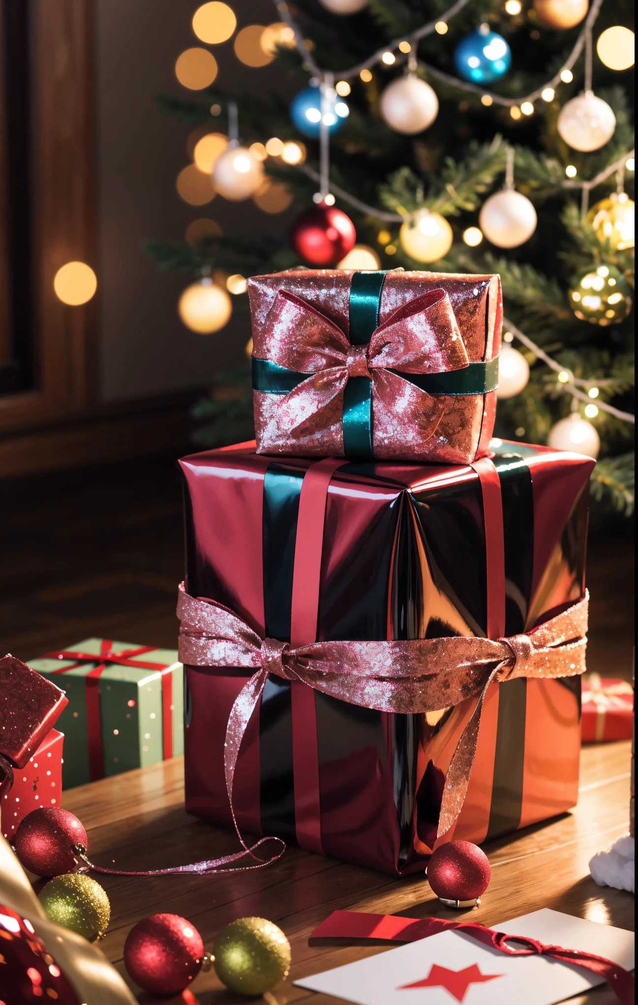 (best quality,4k,8k,highres,masterpiece:1.2),ultra-detailed,realistic,gifts,table,Christmas tree,decorations,wrapping ,bows,ribbon,presents,holiday spirit,vibrant colors,warm lighting,cozy atmosphere,toys,cards,candles,snowflakes,joyful,celebration,exquisite details,exciting surprises,shiny ornaments,sparkling tinsel,beautifully wrapped,excited children,anticipation,festive mood,magical ambiance,delightful moment,wonderful memories,family gathering,cheerful faces,Christmas magic,extravagant,abundance of presents,HDR,UHD,studio lighting,ultra-fine painting,sharp focus,physically-based rendering,professional,vivid colors,bokeh.