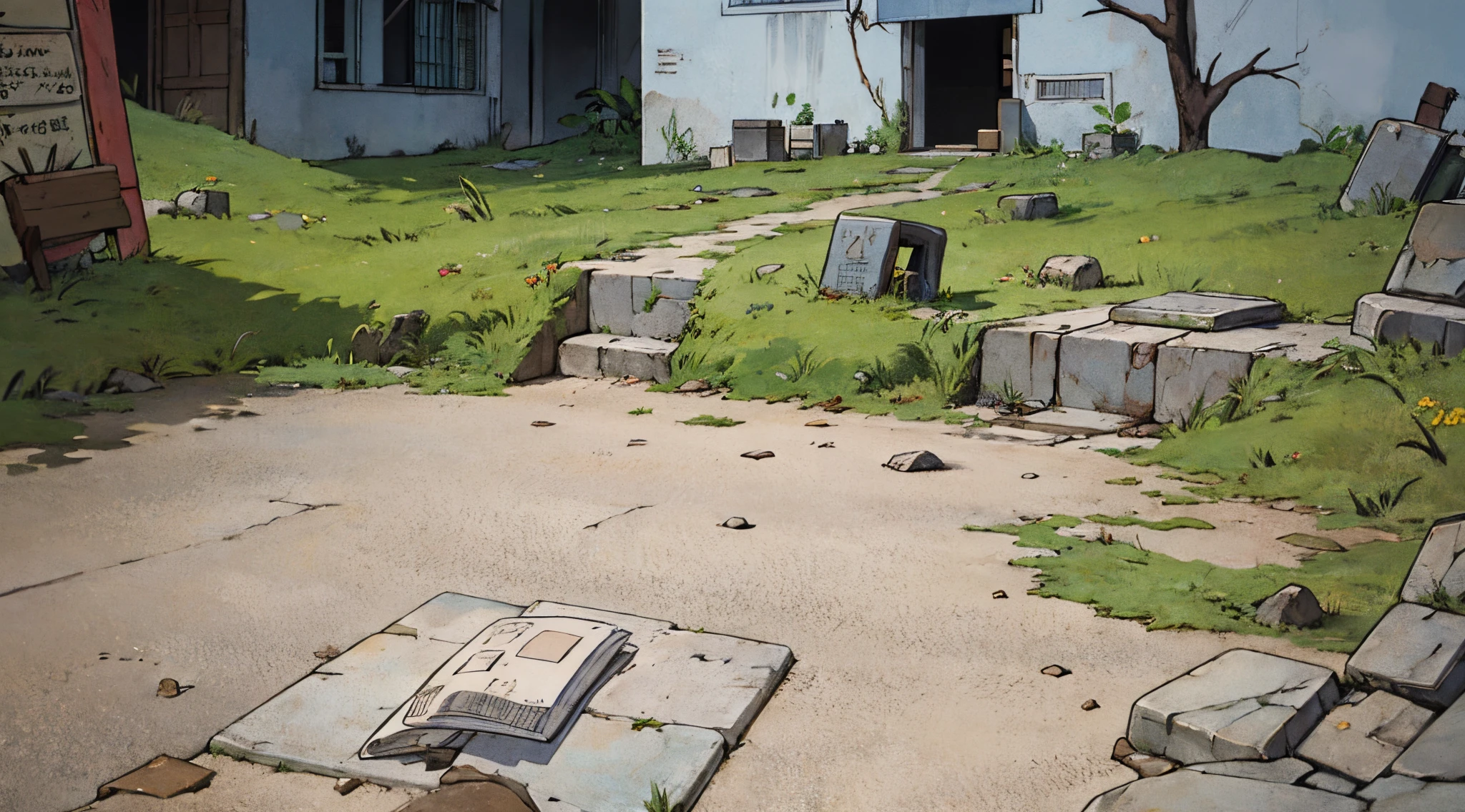 Casa velha ao centro de uma cidade abandonada. Fundo do anime