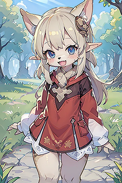 loli, outside, open mouth, smiling, daylight, short, small, pointy ears, elf ears, furry